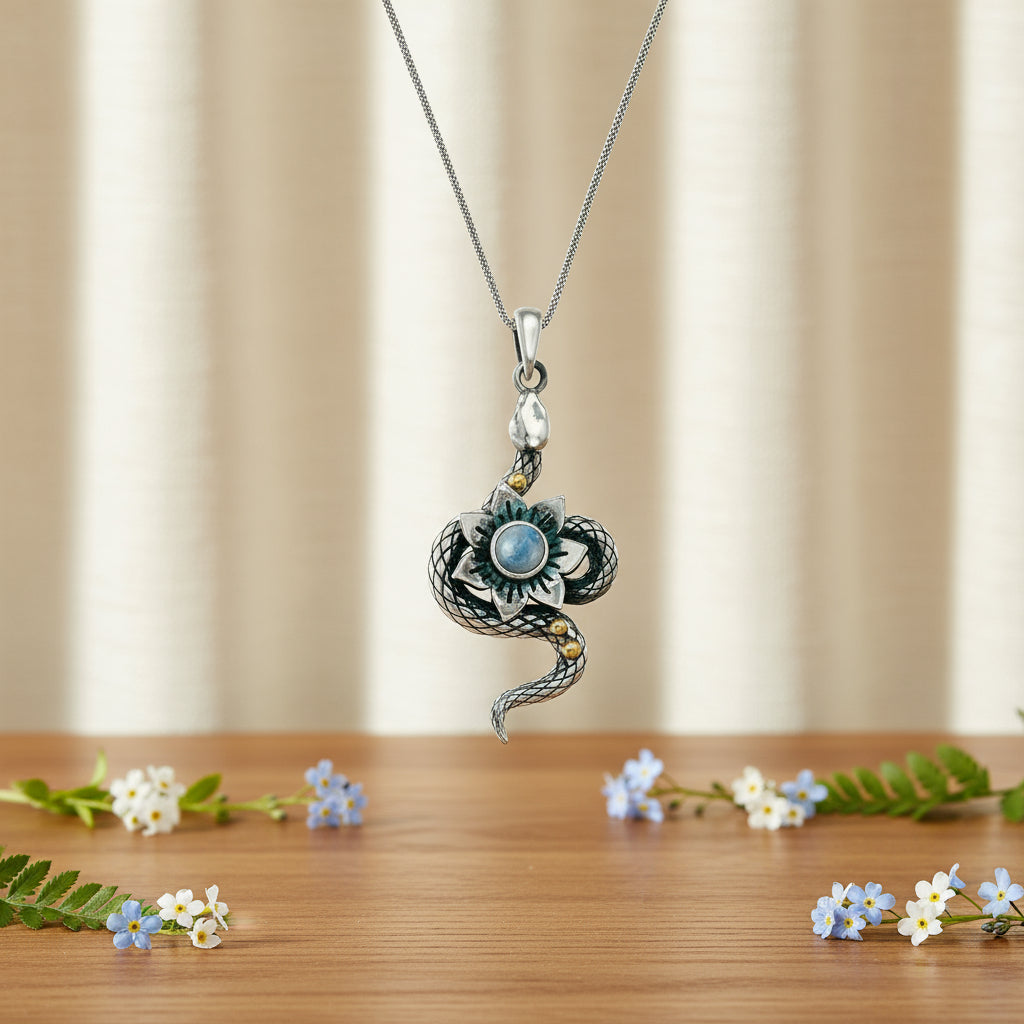 Silver Serpent Snake Necklace with Moonstones