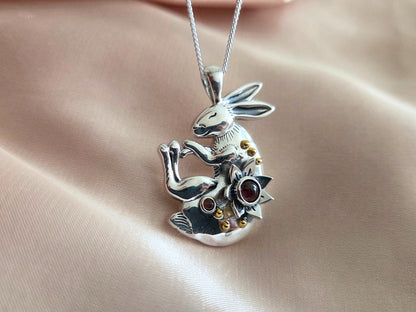 Silver Sleeping Bunny Necklace with Moonstones