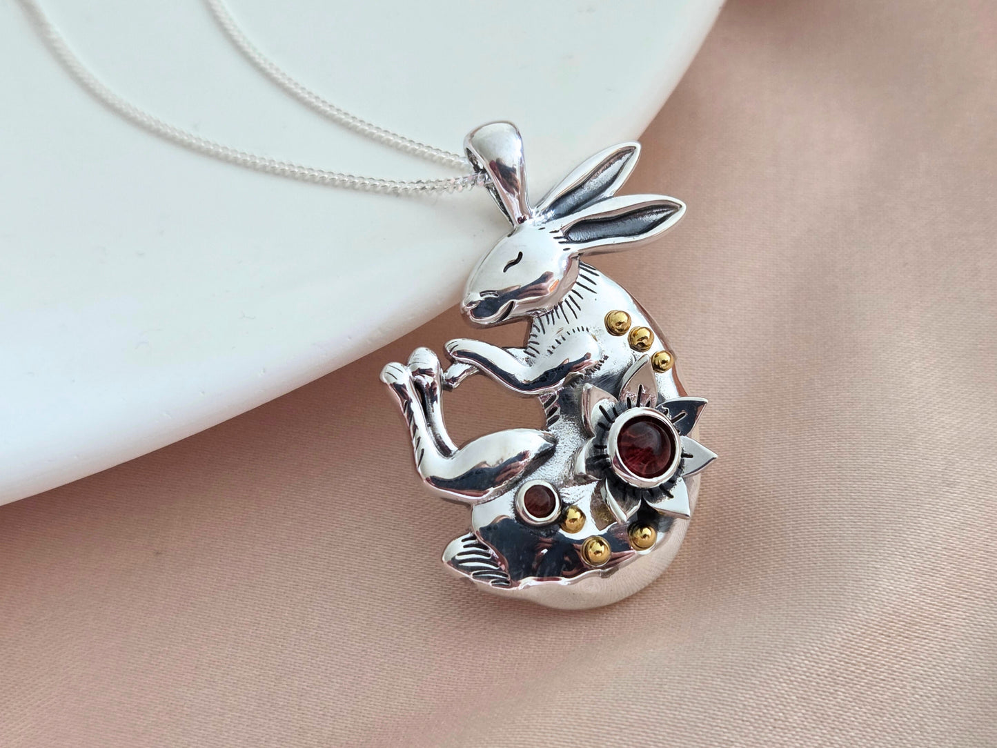 Silver Sleeping Bunny Necklace with Moonstones