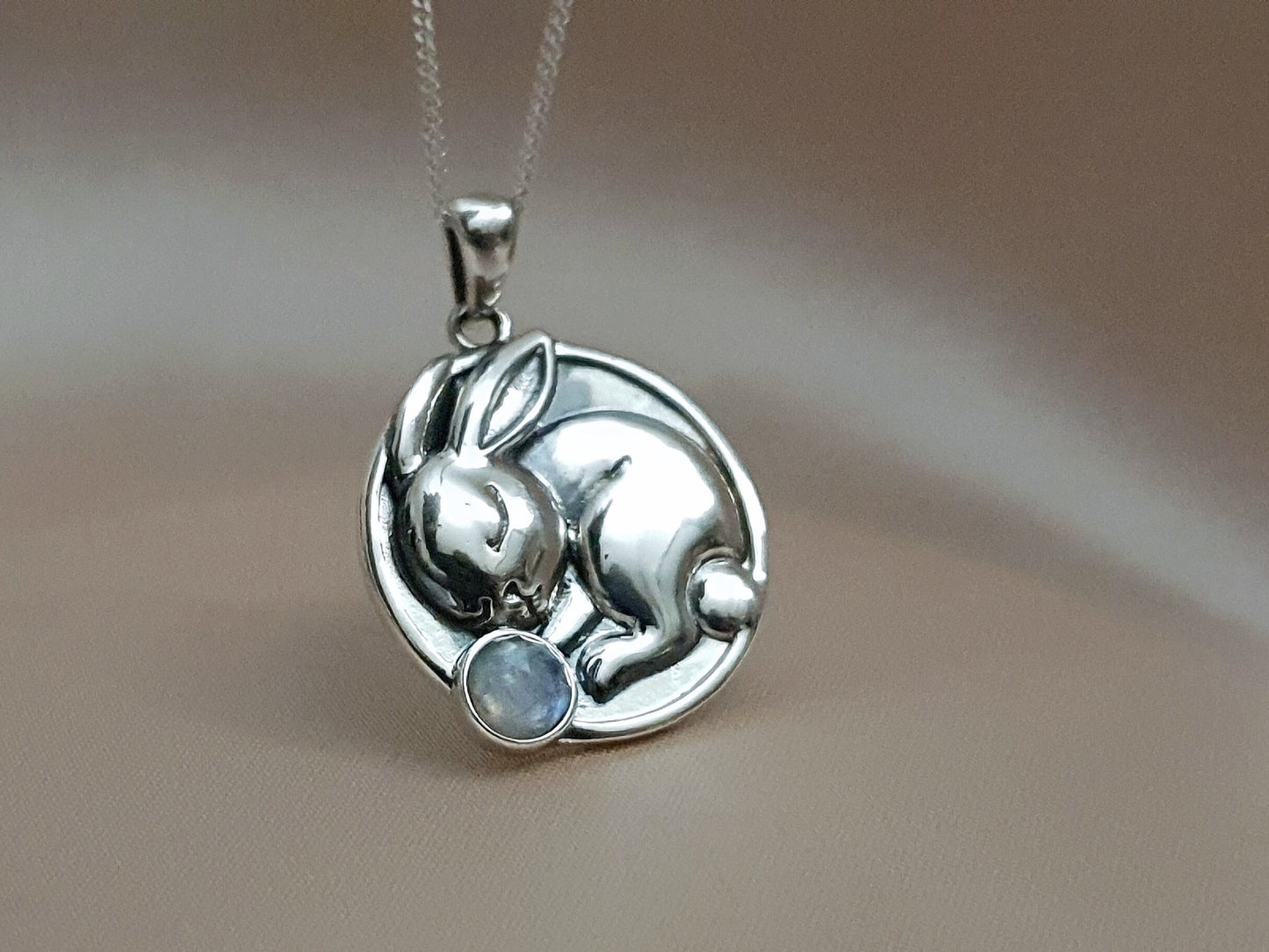 Silver Coin Bunny Necklace with Moonstone