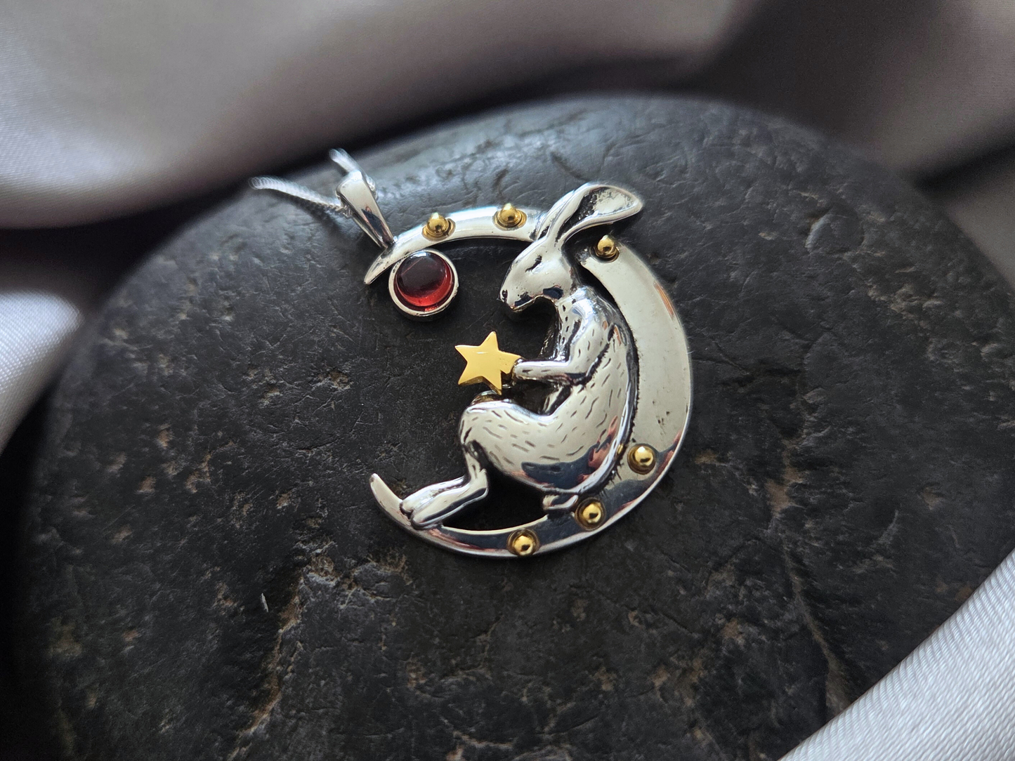 Silver Sleeping Bunny on Moon Necklace with Moonstones