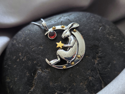 Silver Sleeping Bunny on Moon Necklace with Moonstones