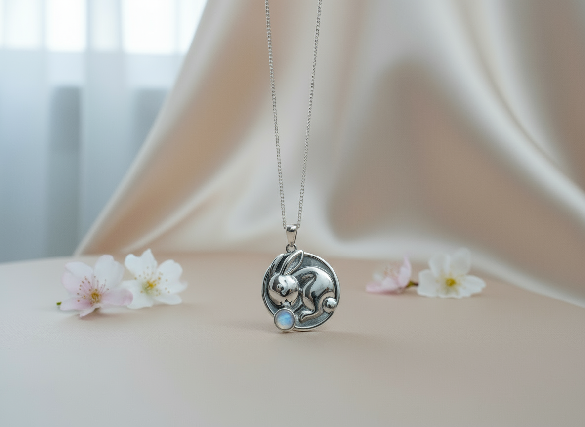 Silver rabbit pendant with a moonstone on a beige background