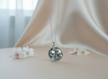 Silver rabbit pendant with a moonstone on a beige background