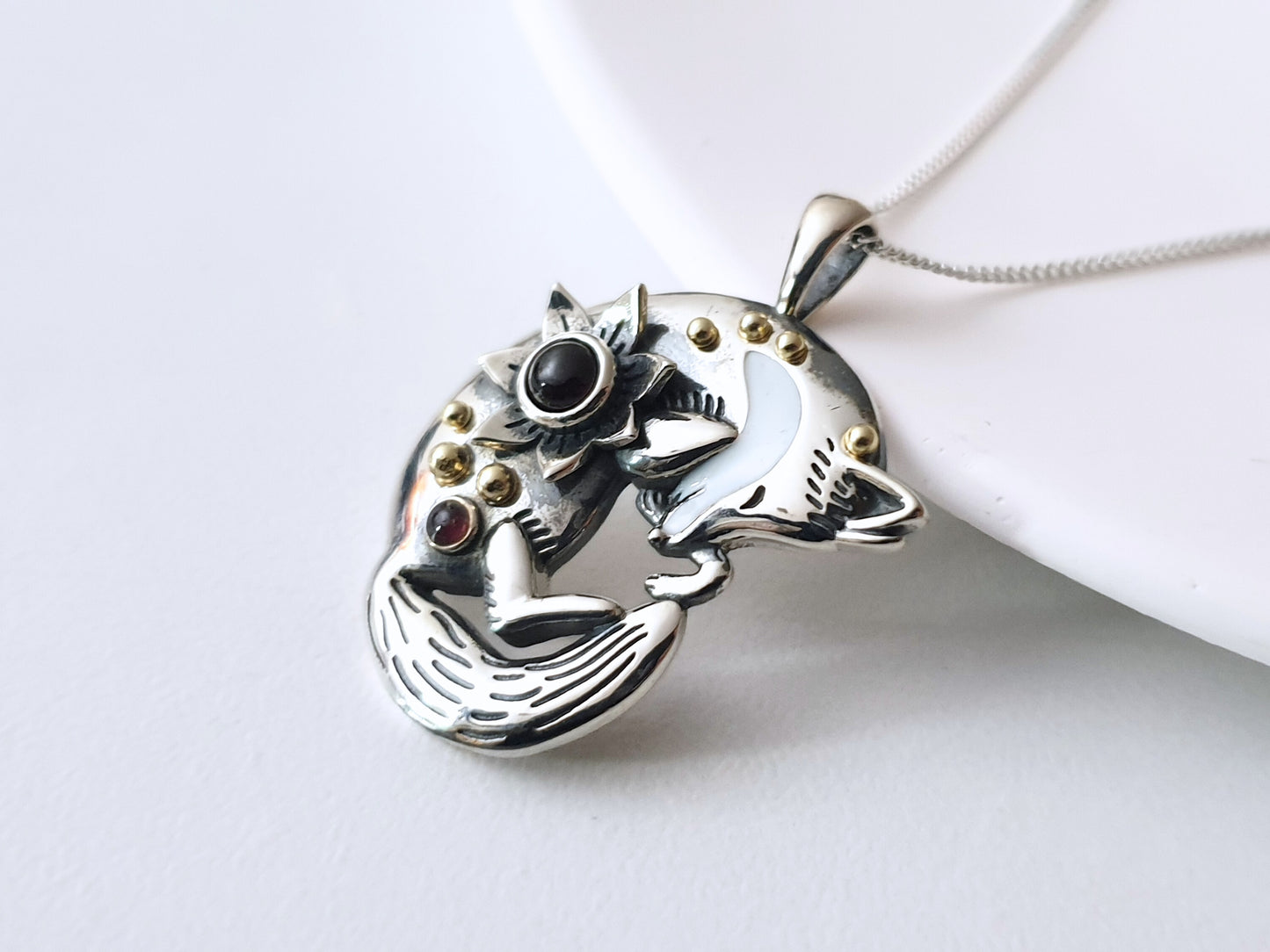 Silver Sleeping Fox Necklace with Moonstones