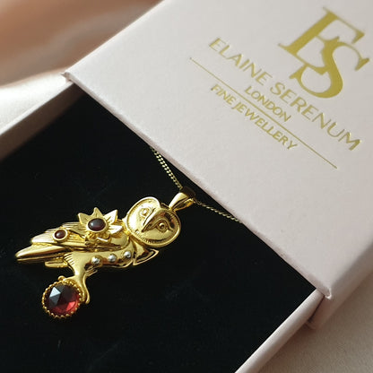 Gold Oracle Owl Pendant with Garnets