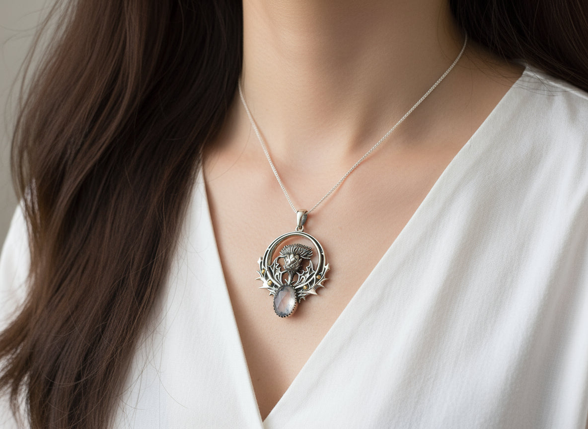 Silver Thistle Flower Necklace with Amethyst