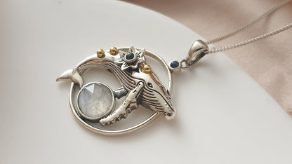 Silver Deepwater Whale Pendant with Moonstones