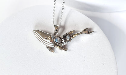 Silver Dainty Whale Necklace with Moonstones