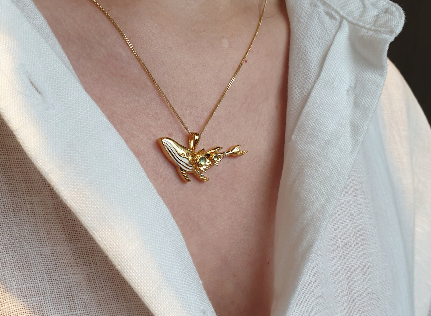 Gold Dainty Whale Necklace with Aquamarines