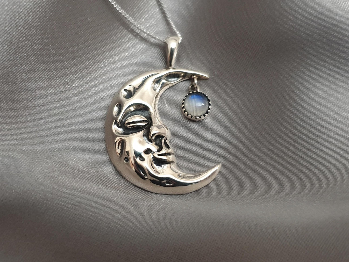 Silver Moon Crescent Necklace with Moonstone