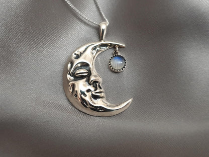 Silver Moon Crescent Necklace with Moonstone