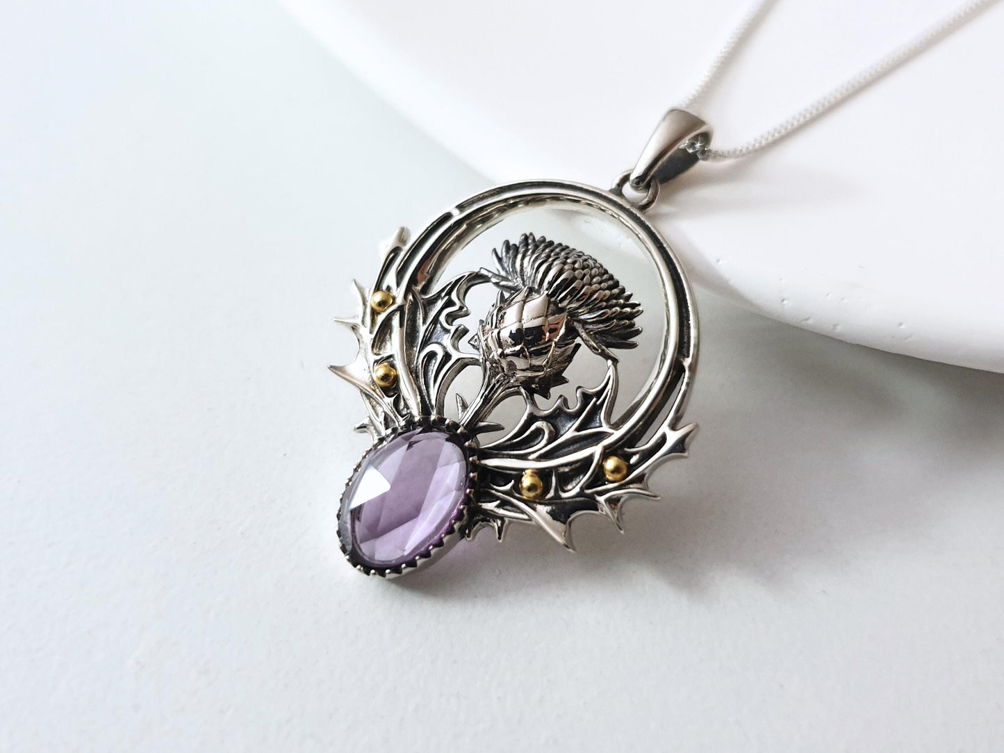 Silver Thistle Flower Necklace with Moonstone