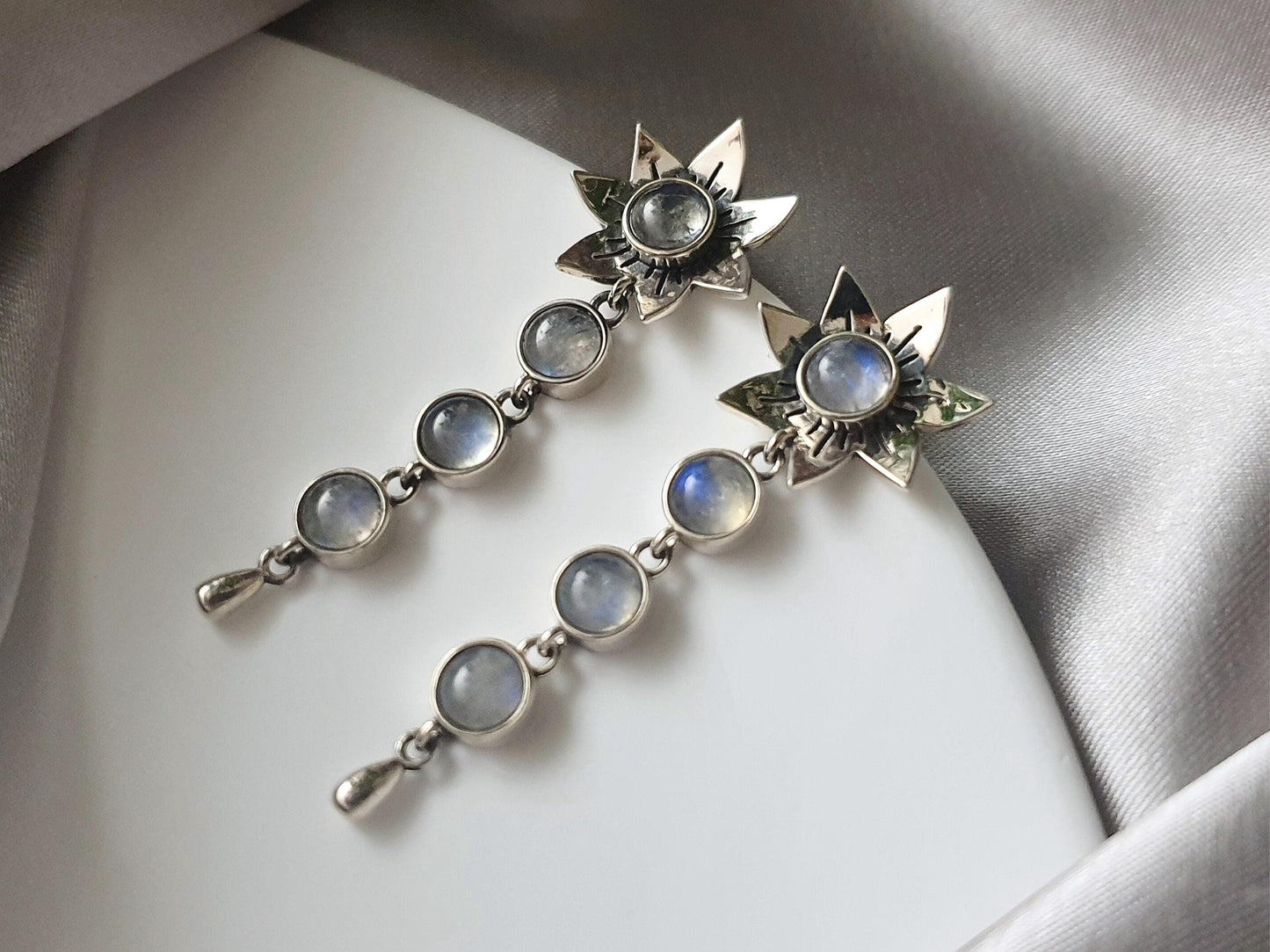 Silver Flower Drop Earrings with Moonstones