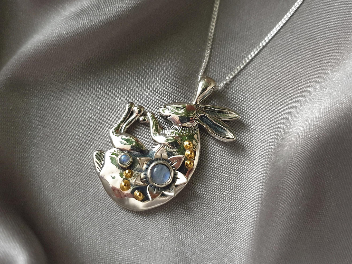 Silver Sleeping Bunny Necklace with Moonstones