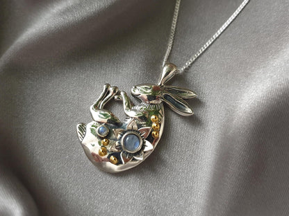 Silver Sleeping Bunny Necklace with Moonstones