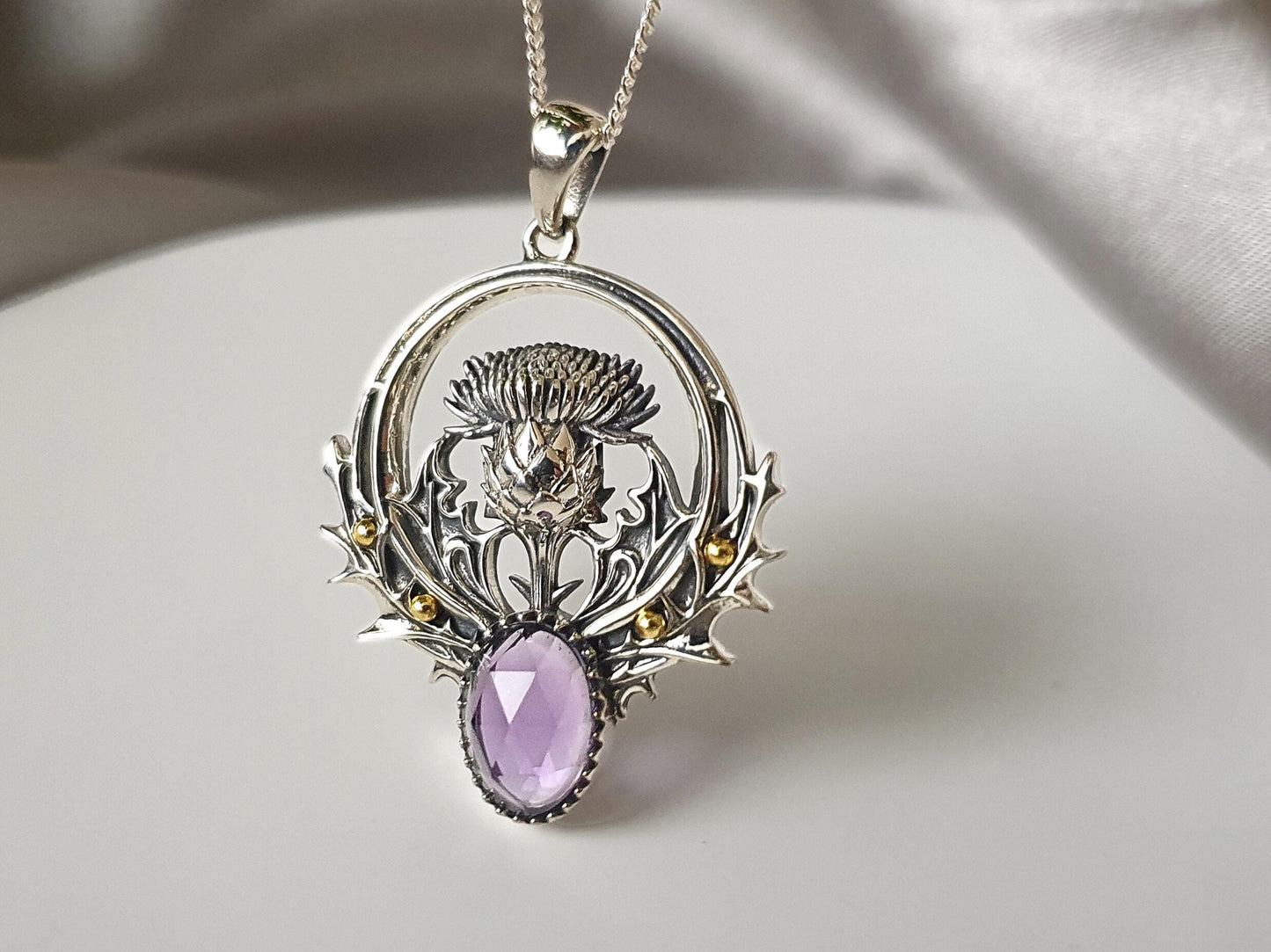 Silver Thistle Flower Necklace with Moonstone