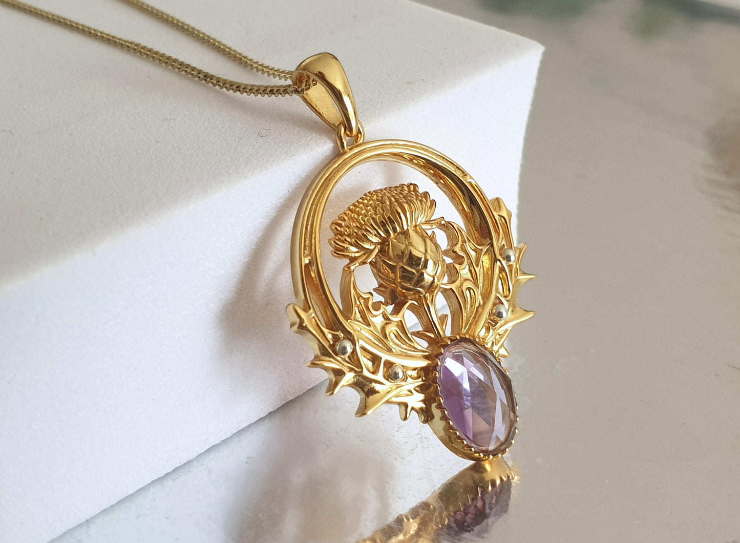 Gold Thistle Flower Necklace with Amethyst