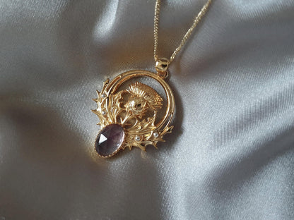Gold Thistle Flower Necklace with Amethyst