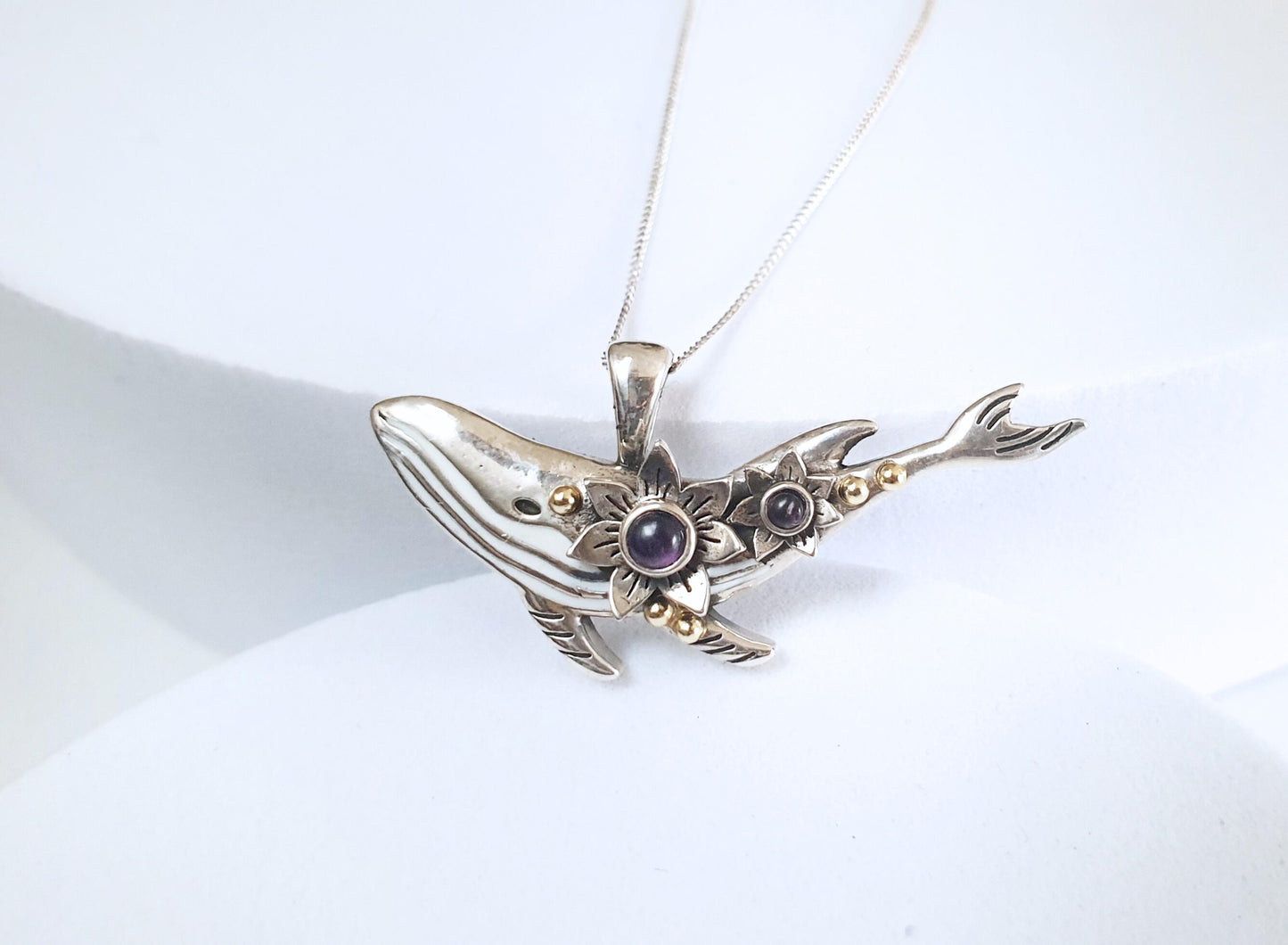 Silver Dainty Whale Necklace with Moonstones