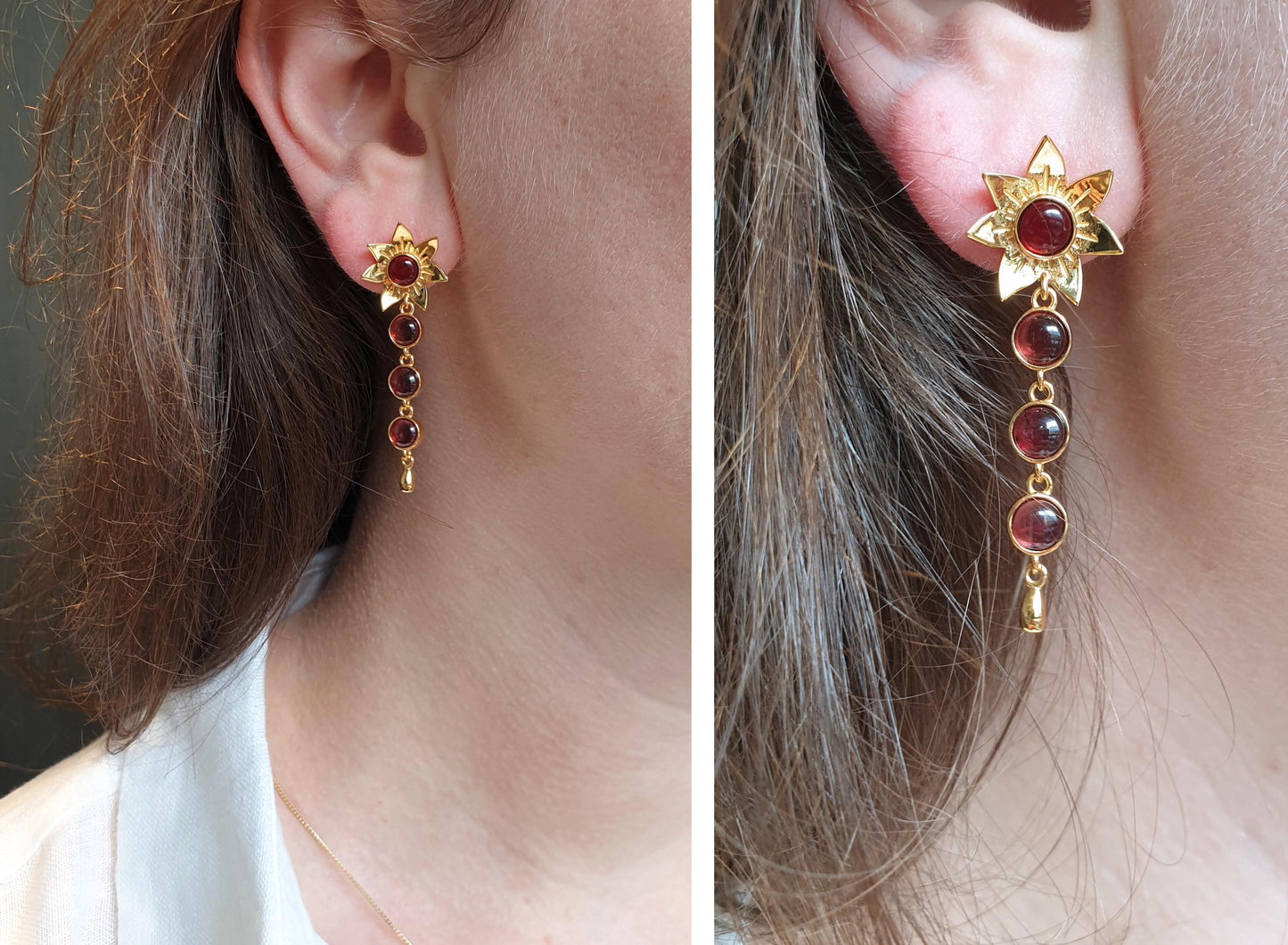 Gold Flower Drop Earrings with Garnets