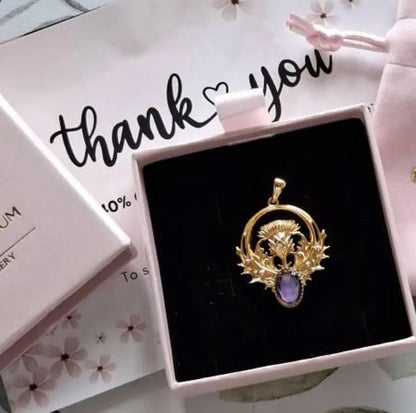 Gold Thistle Flower Necklace with Amethyst
