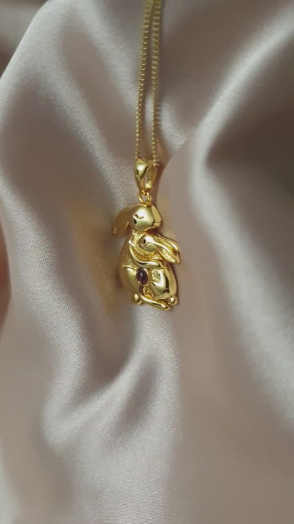 18k Gold Mum and Baby Bunny Necklace with Garnet