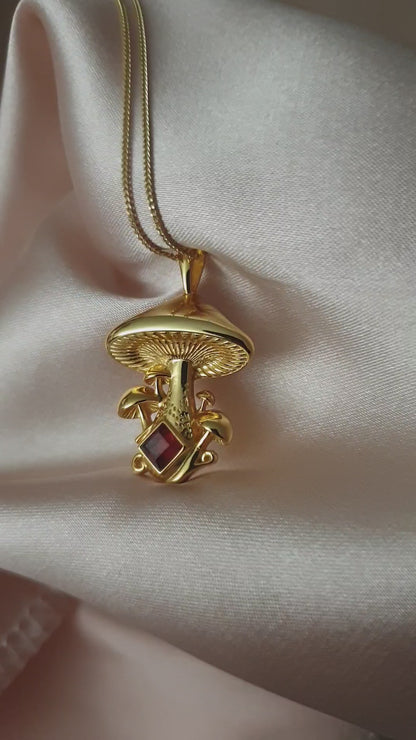 Gold Mystical Mushroom Necklace with Garnet